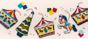 Colourful carousel, Christmas tree and carousel horse felt ornaments with pieces of felt and shiny beads