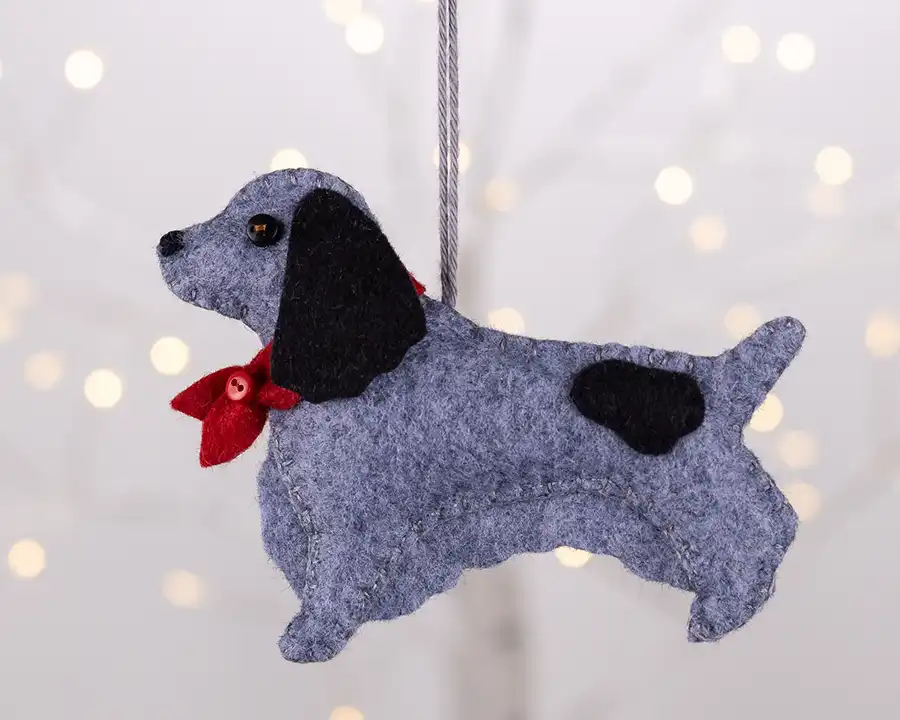 Grey Cocker spaniel felt ornament with black ear and patches and a red collar