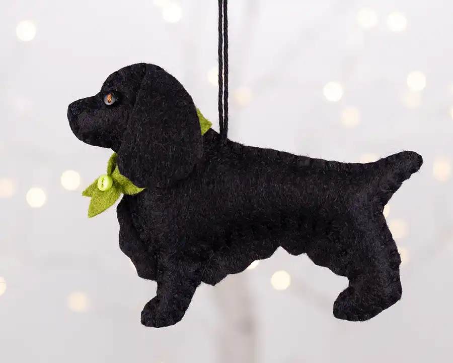 Black Cocker spaniel felt ornament with a green collar