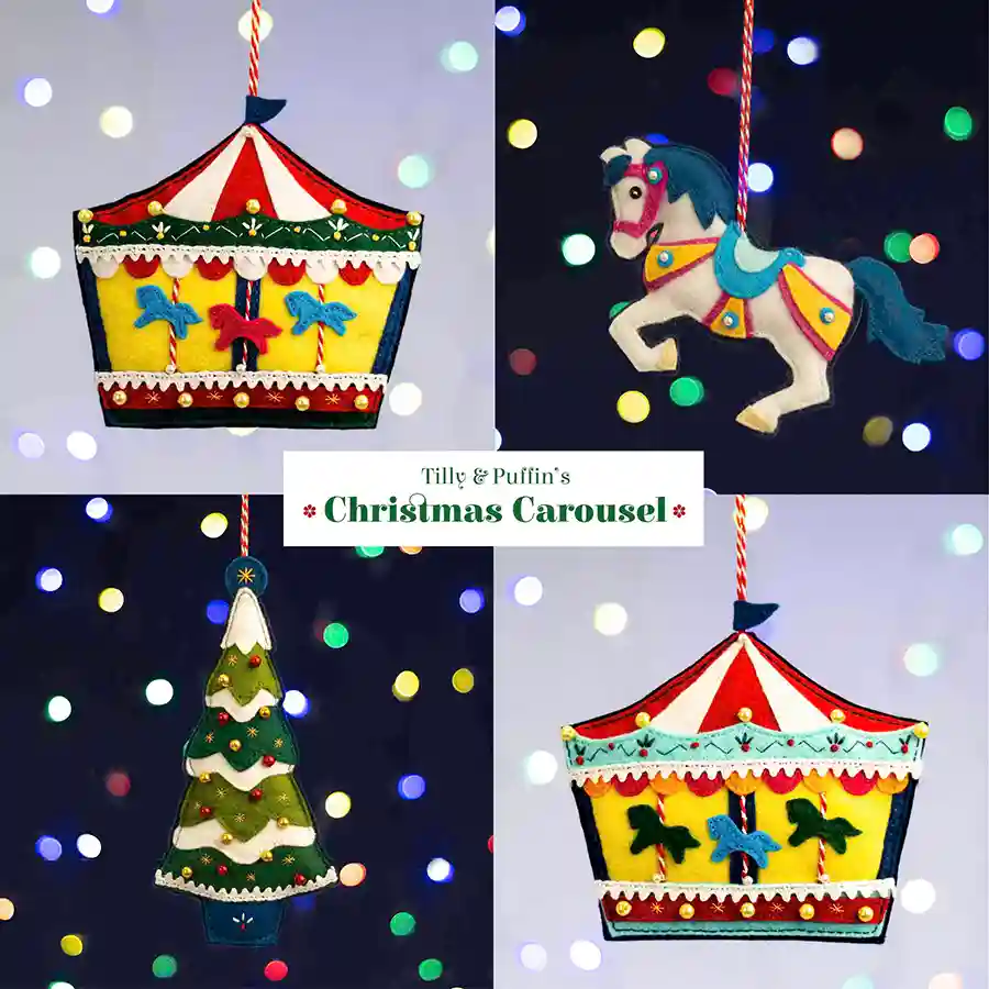 Collage showing the Christmas Carousel, Christmas Tree and Carousel Horse felt ornaments from Tilly & Puffin's Christmas Carousel Collection.