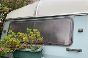 Front of caravan with waterproof tape on seams