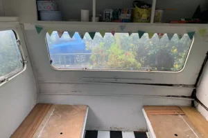 Inside front of caravan before refurb