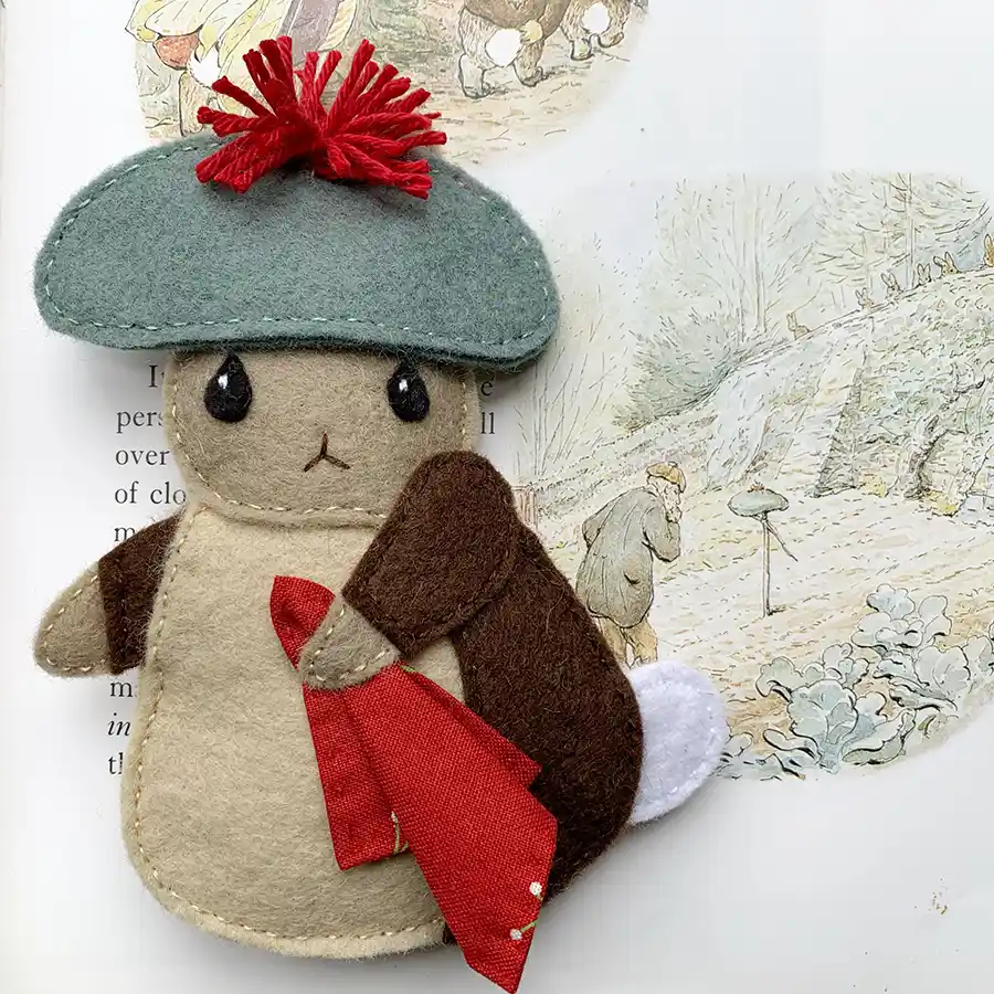 Easter bunny felt ornament pattern adapted to make Benjamin Bunny with a Tam O'Shanter hat and a red handkerchief.