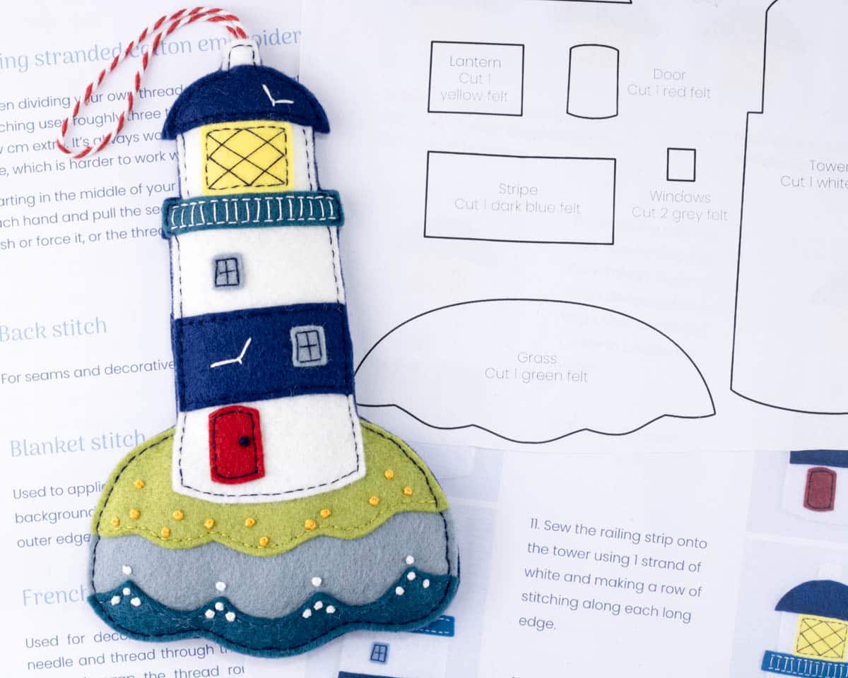 Lighthouse felt ornament with pattern templates and instructions