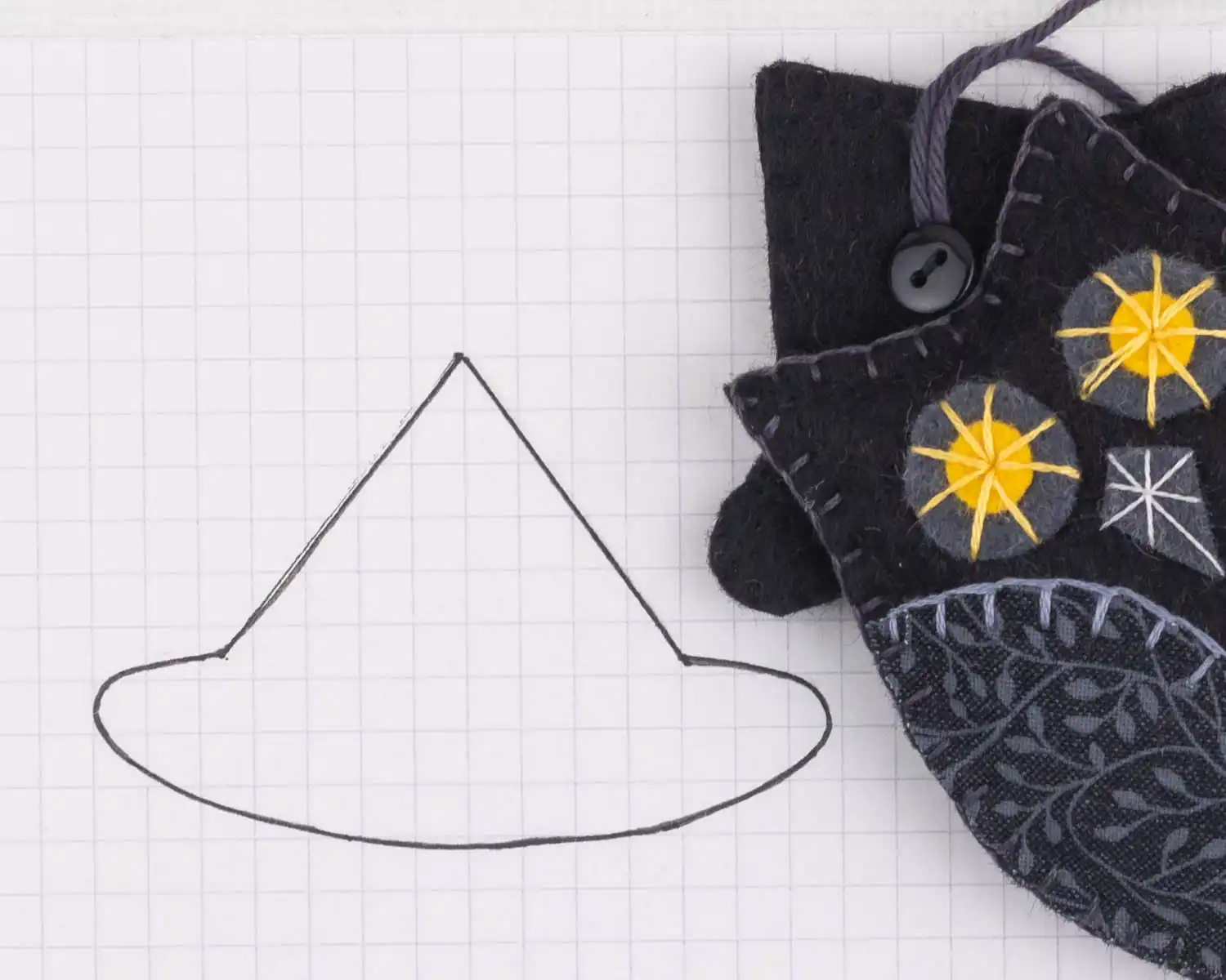 A sketch of the shape for cutting out the owl's hat, with a close up of the owl wearing the finished hat.